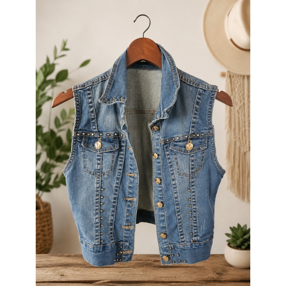 Famous Brand Studded Denim Vest Womens Medium Blue Cropped Embellished Y2K Jean